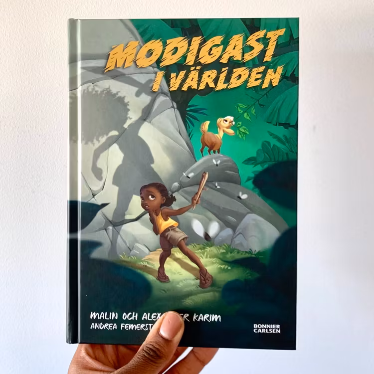 Barnboken Modigast i världen, författare Alexander och Malin Karim, Illustratör Andrea Femerstrand, Förlag Bonnier Carlsen. Mångfald bland karaktärerna, bruna barn, mixade barn representerade i boken.