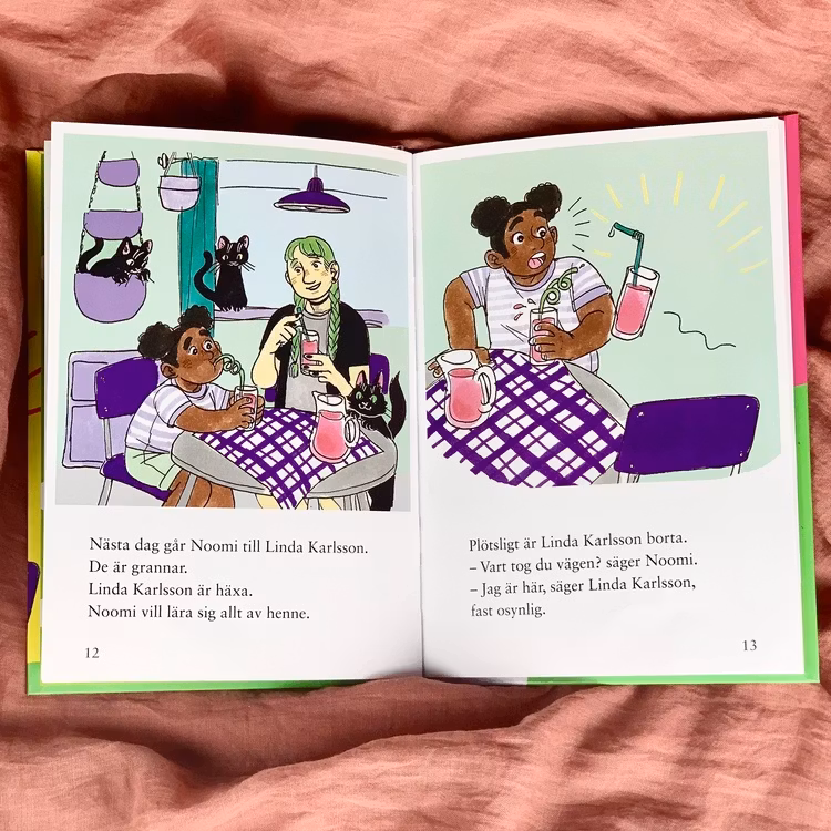lätt att läsa bok, Hokus pokus: Puts väck! Författare Karin Frimodig & Sara Berg, Illustratör Hanna Böhm från Olika förlag. Mångfald bland karaktärerna där barn med mörk hy är representerade.