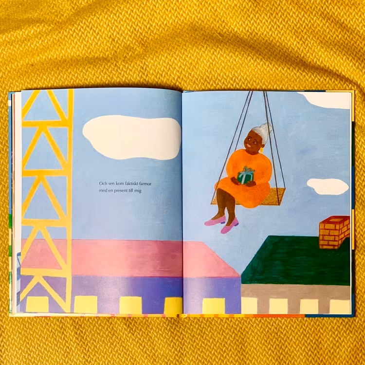 Bilderbok Jag vill ha en lyftkran. Mångfald bland karaktärerna där barn med mörk hy är representerade, barnbok om lyftkranar.