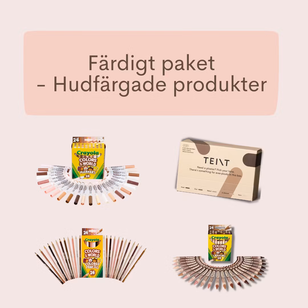 Plåster för olika hudfärger, färgpennor, kritor och tuschpennor för olika hudfärger från Crayola.