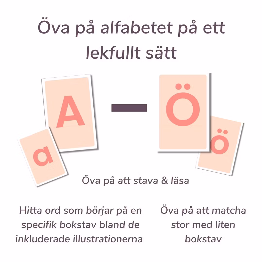 Bokstavskort från A-Ö, öva på att stava.