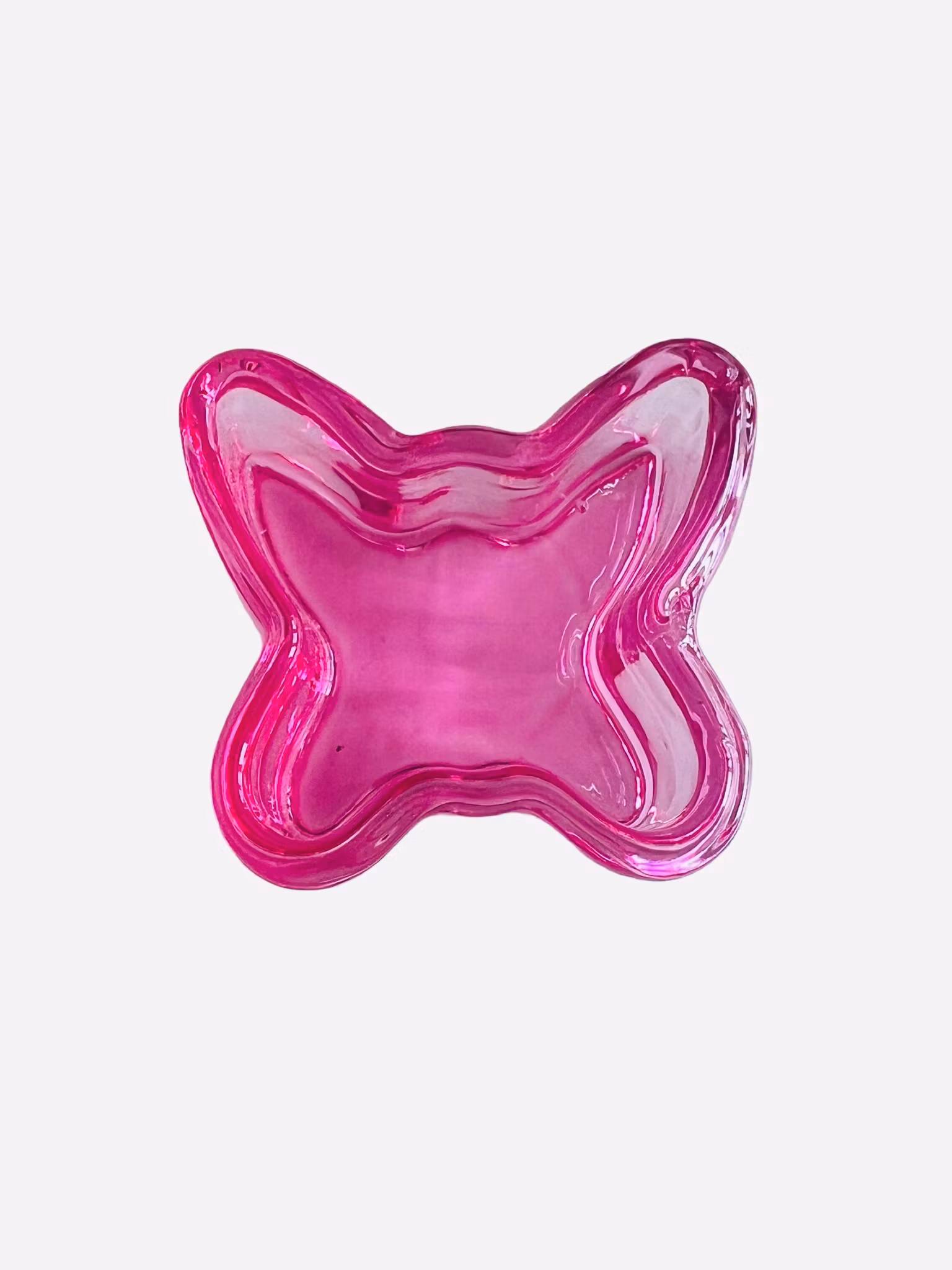 Vannskål i rosa glass – hjerte, blomst & sommerfugl