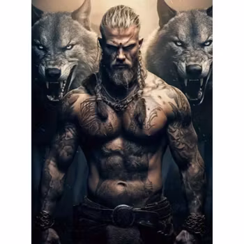 Diamanttavla Viking And Wolves 50x70 + Viking 50x70