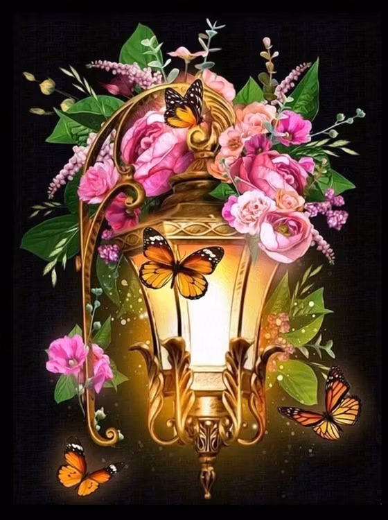 Diamanttavla Vägglampa Rosa Blommor Och Fjärilar 40x50
