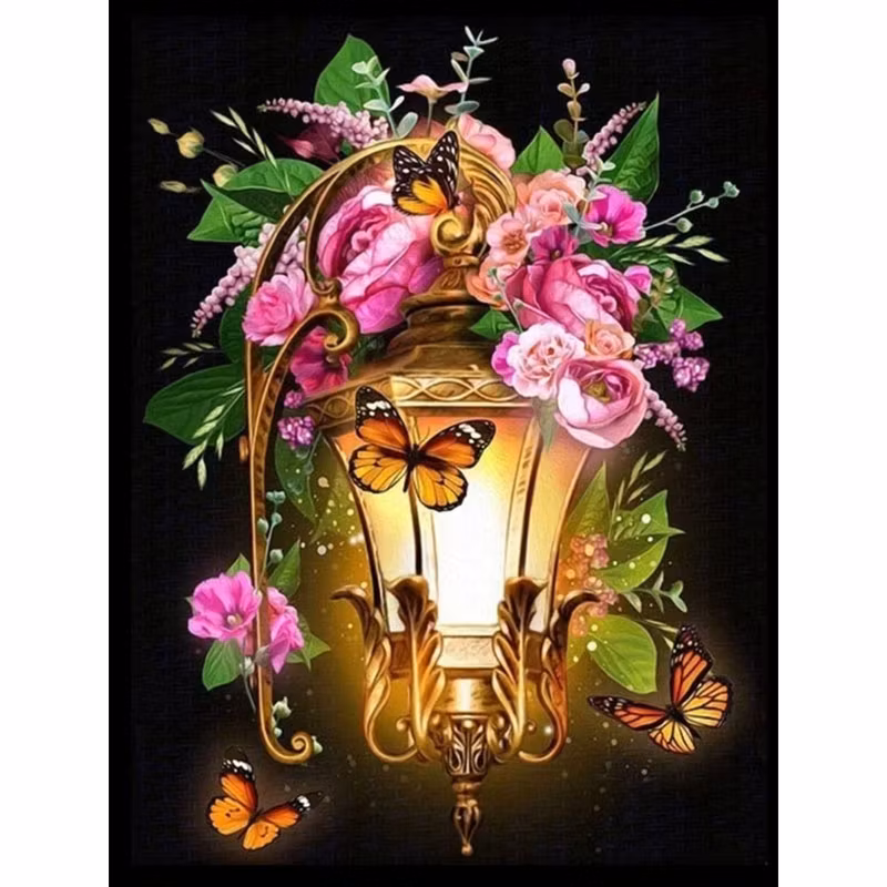 Diamanttavla Vägglampa Rosa Blommor Och Fjärilar 40x50