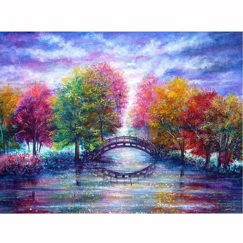 Diamanttavla Colorful Trees And Bridge 40x50 (Runda Pärlor)