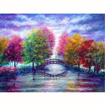 Diamanttavla Colorful Trees And Bridge 40x50 (Runda Pärlor)