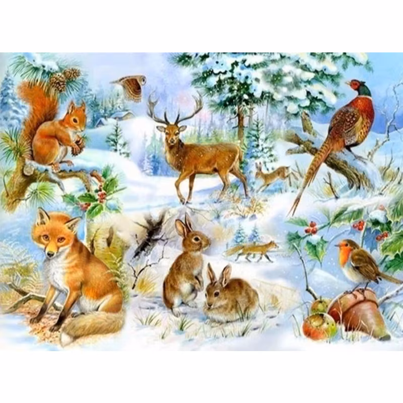 Diamanttavla Winter Forest Animals 50x70