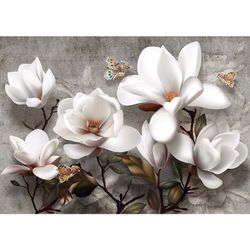 Diamanttavla White Flowers And Butterflies 30x40