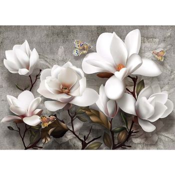 Diamanttavla White Flowers And Butterflies 30x40