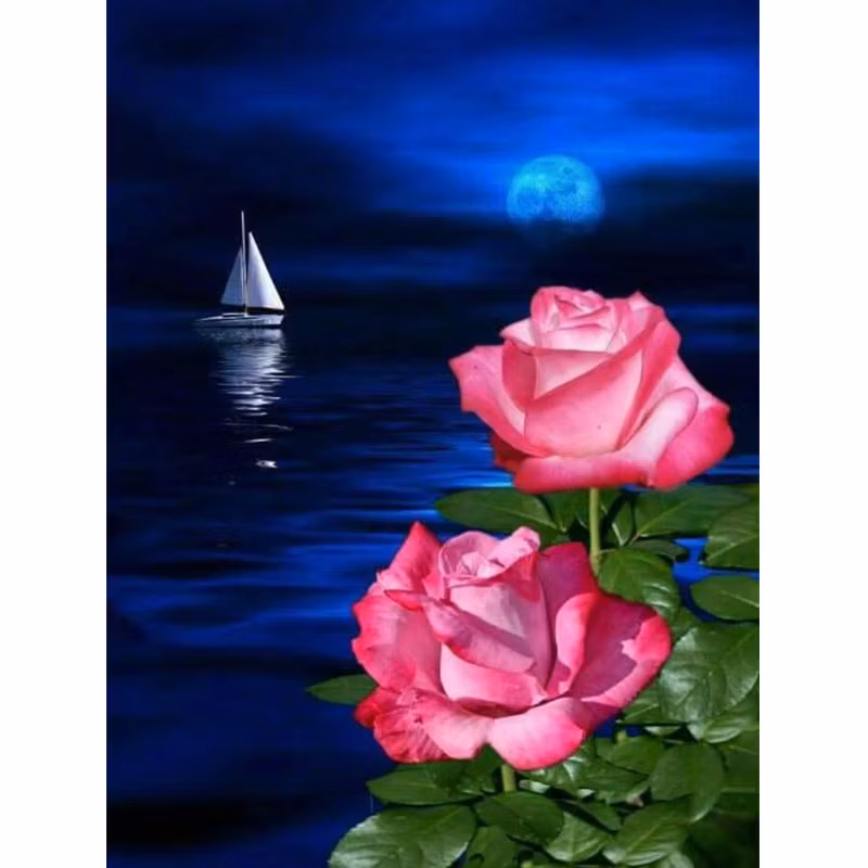 Diamanttavla Roses And Sailboat 30x40