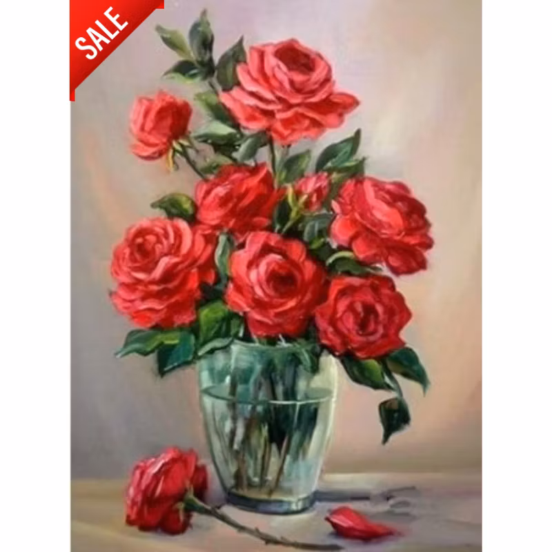 Diamanttavla Röda Rosor I Vas 40x50