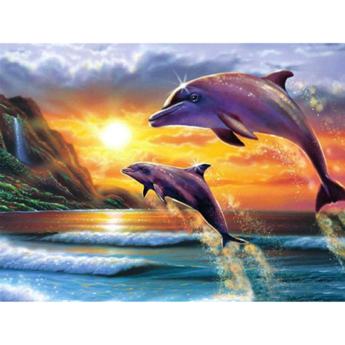 Diamanttavla (Runda) Jumping Dolphins 40x50