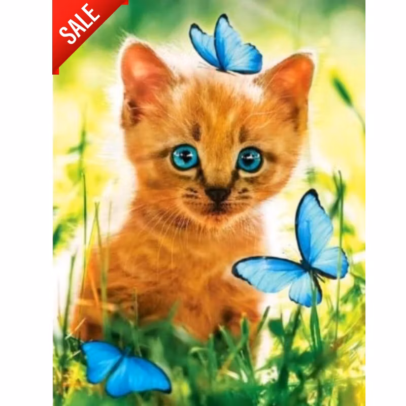 Diamanttavla Kattunge Med Fjärilar 40x50