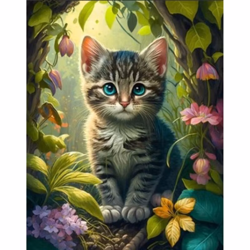 Diamanttavla Katt Bland Blommor 40x50