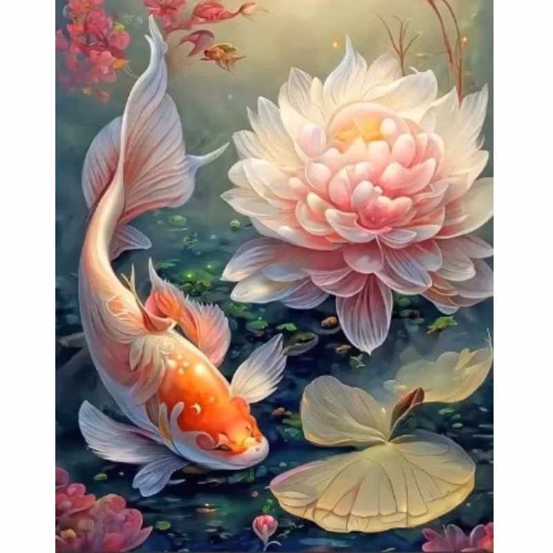 Diamanttavla Koifish And Lotus 40x50