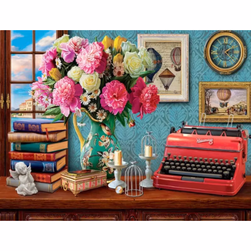 Diamanttavla Blombukett Och Skrivmaskin 40x50