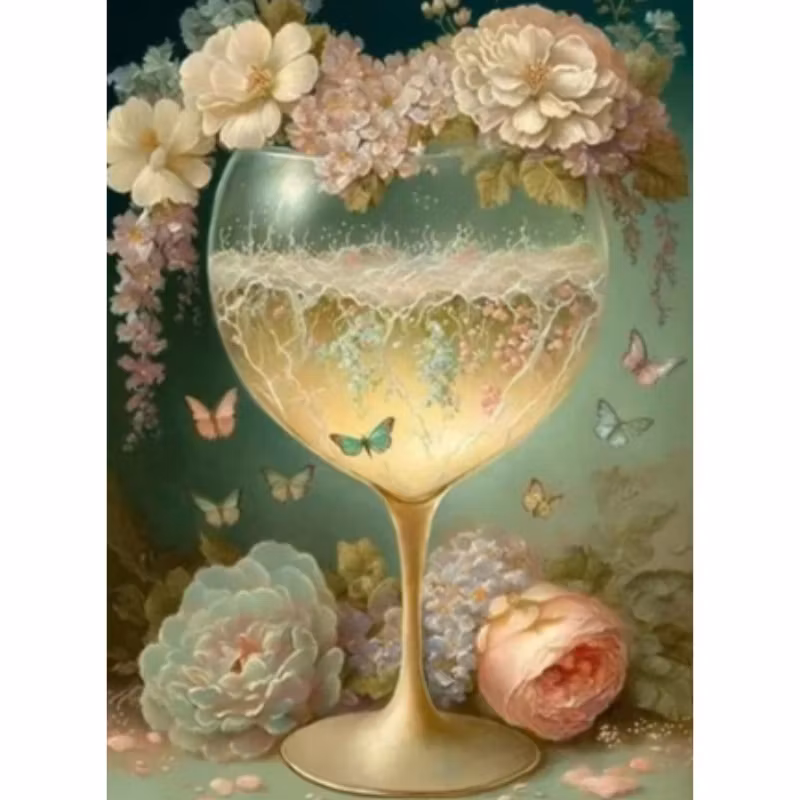 Diamanttavla Bägare Blommor Och Fjärilar 40x50
