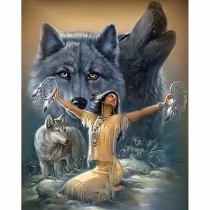 Diamanttavla Kvinna Med Vargar 40x60