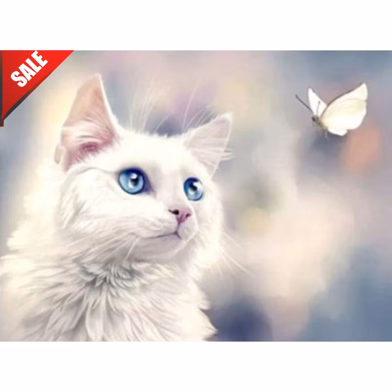 Diamanttavla White Cat And Butterfly 40x50