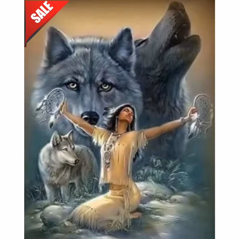 Diamanttavla Kvinna Med Vargar 40x60