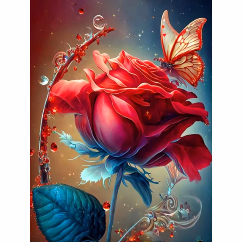 Diamanttavla (R) Red Rose And Butterfly 40x50