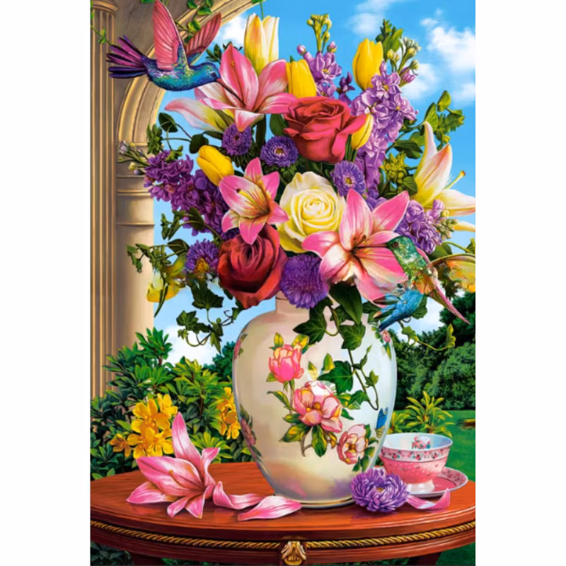 Diamanttavla Flowers And Hummingbirds 50x70