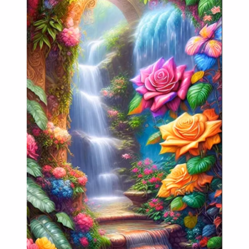 Diamanttavla Vattenfall Blommor 40x50