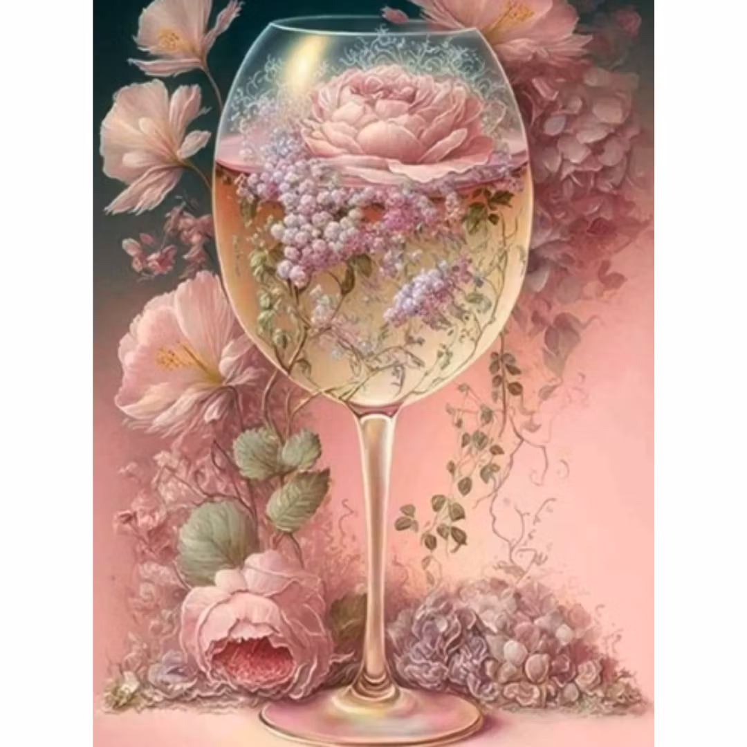 Diamanttavla Vinglas Blommor 40x50