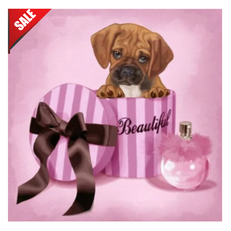 Diamanttavla Puppy In A Box 40x40