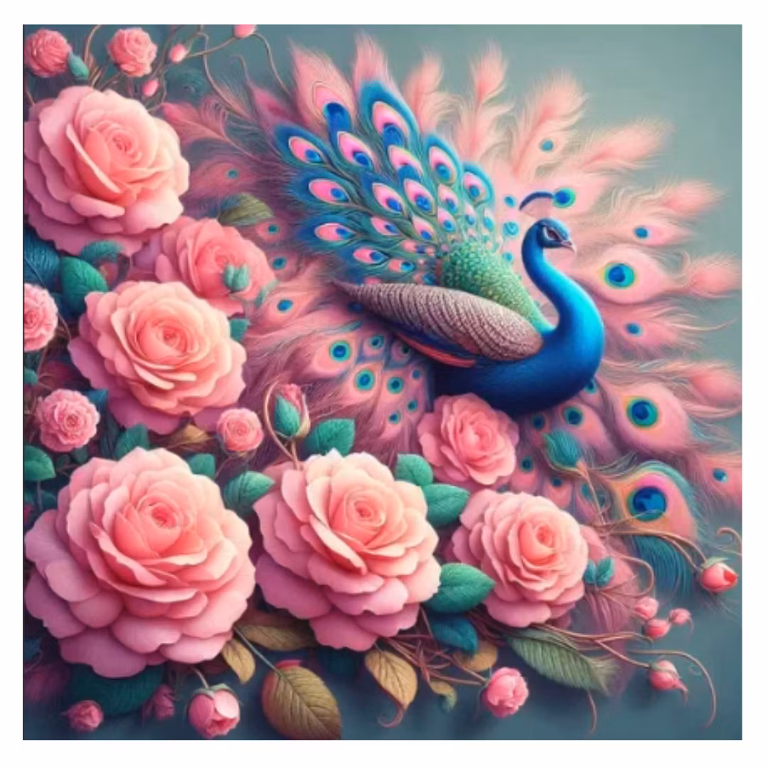 Diamanttavla Påfågel Rosor 50x50