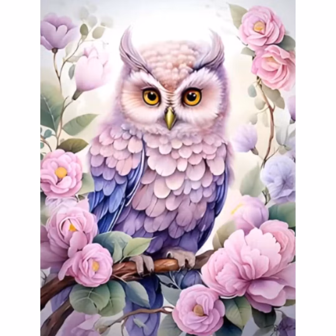 Diamanttavla Uggla Blomsterträd 40x50