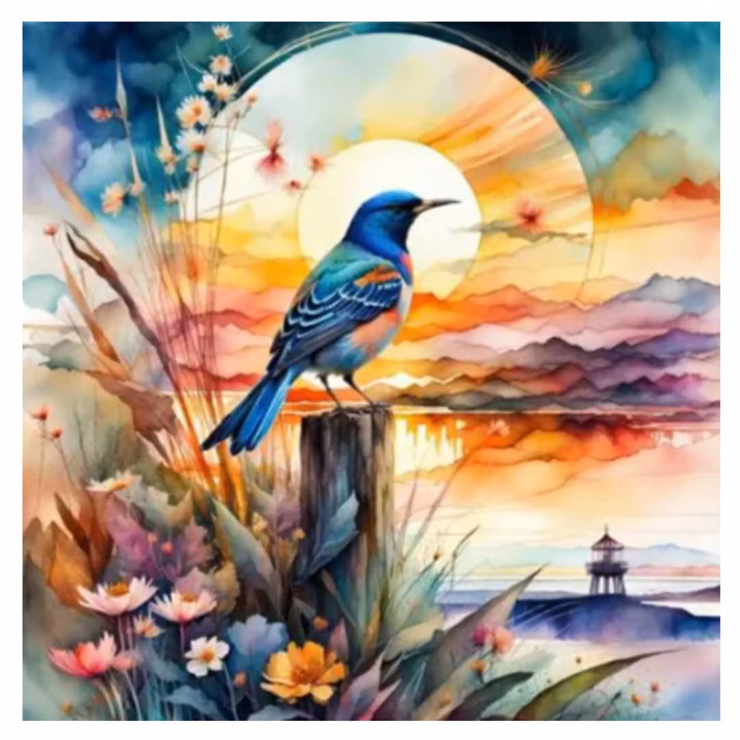 Diamanttavla Fågel Solnedgång 50x50