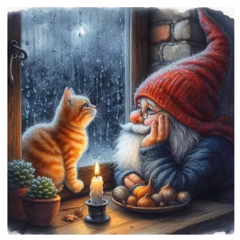 Diamanttavla Tomte Med Katt 40x40