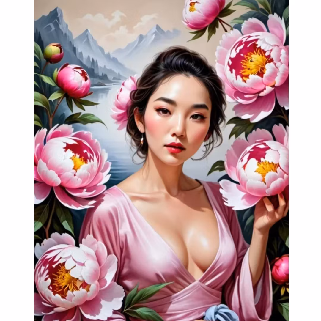 Diamanttavla Woman And Peony 40x50