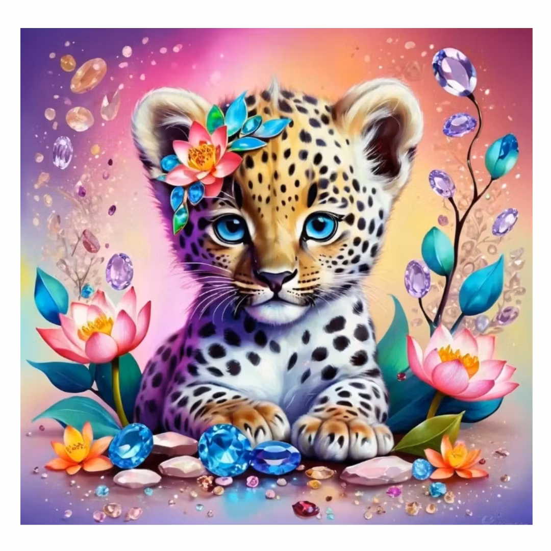Diamanttavla Leopard Flowers And Chrystals 40x40