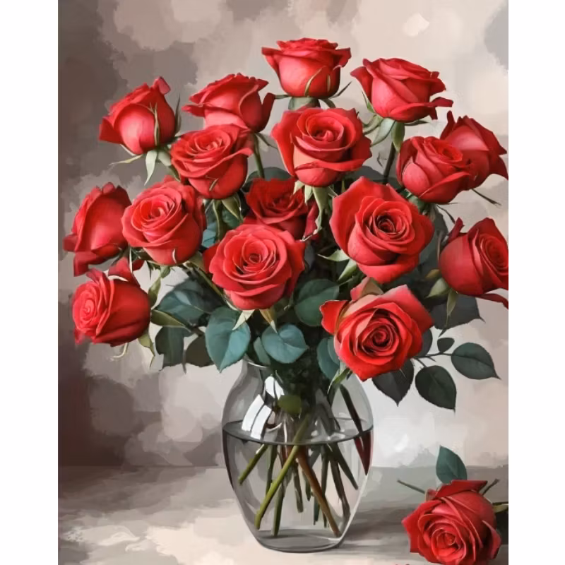 Diamanttavla Röda Rosor I Glasvas 40x50