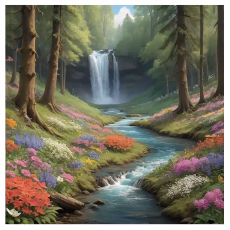 Diamanttavla (Runda Pärlor)  Forest Waterfall 50x50