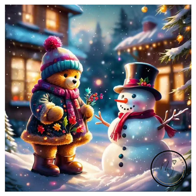 Diamanttavla Teddybear And Snowman  50x50