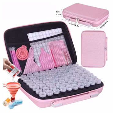 Pärlförvaring Väska Rosa Glitter Med 60 Burkar Och Tillbehör
