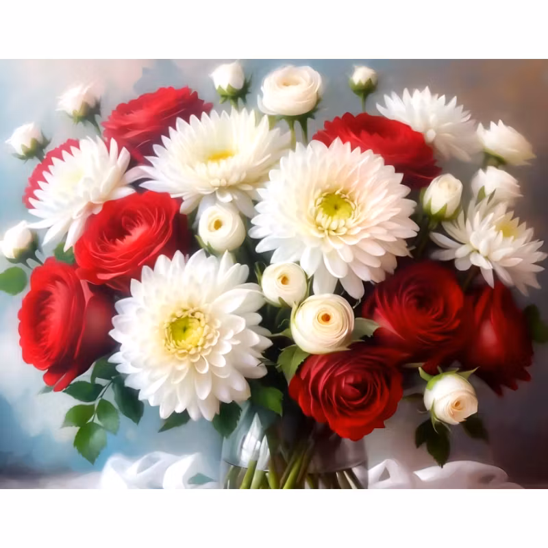 Diamanttavla Rödvit Bukett 40x50