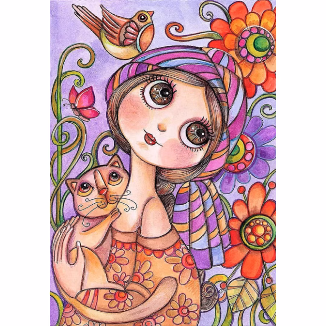 Diamanttavla Girl And Cat (Runda) 40x50