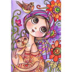 Diamanttavla Girl And Cat (Runda) 40x50