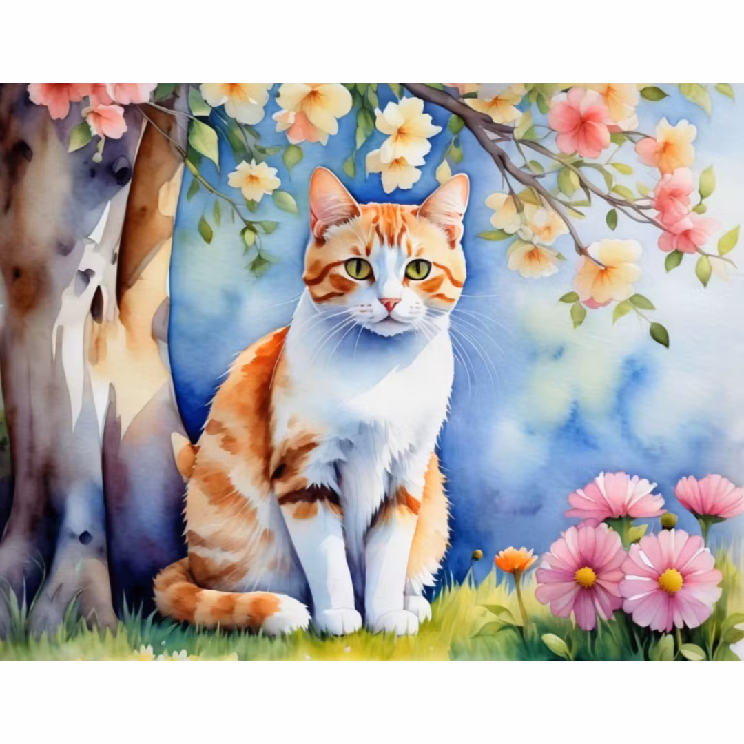 Diamanttavla Katt Under Bllomsterträd 40x50 - REA