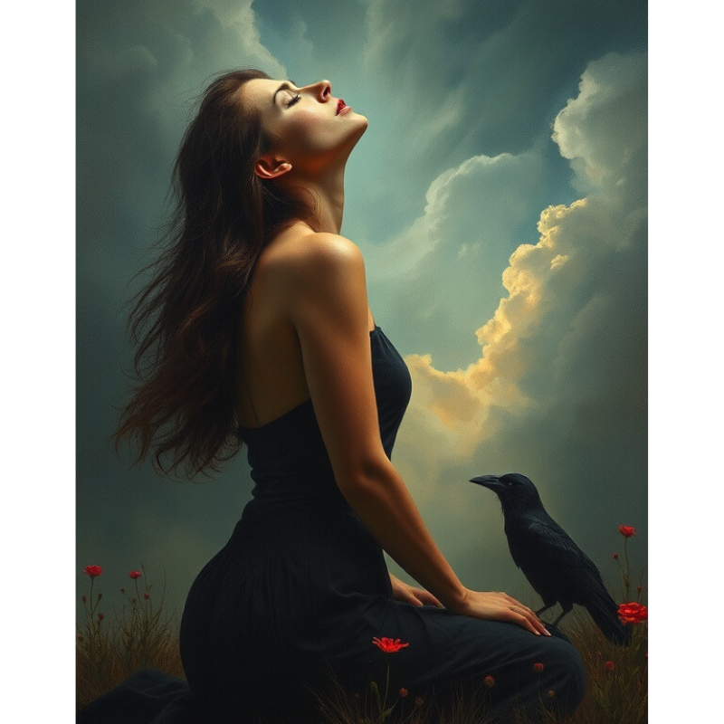 Diamanttavla Woman And Raven 50x60