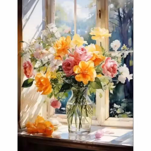 Diamanttavla Bukett I Fönster 40x50