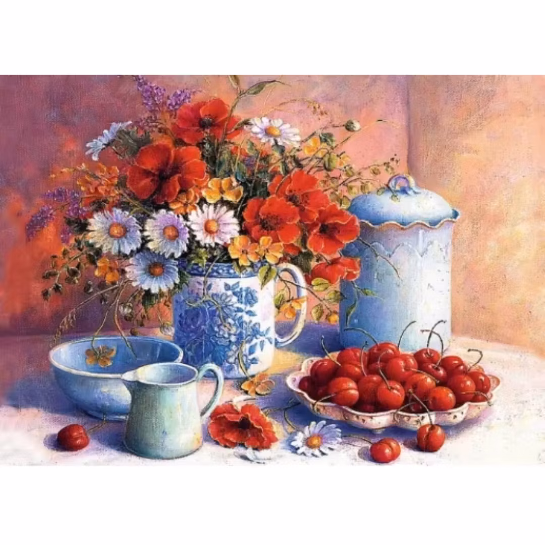 Diamanttavla Körsbär Och Vallmobukett 40x50