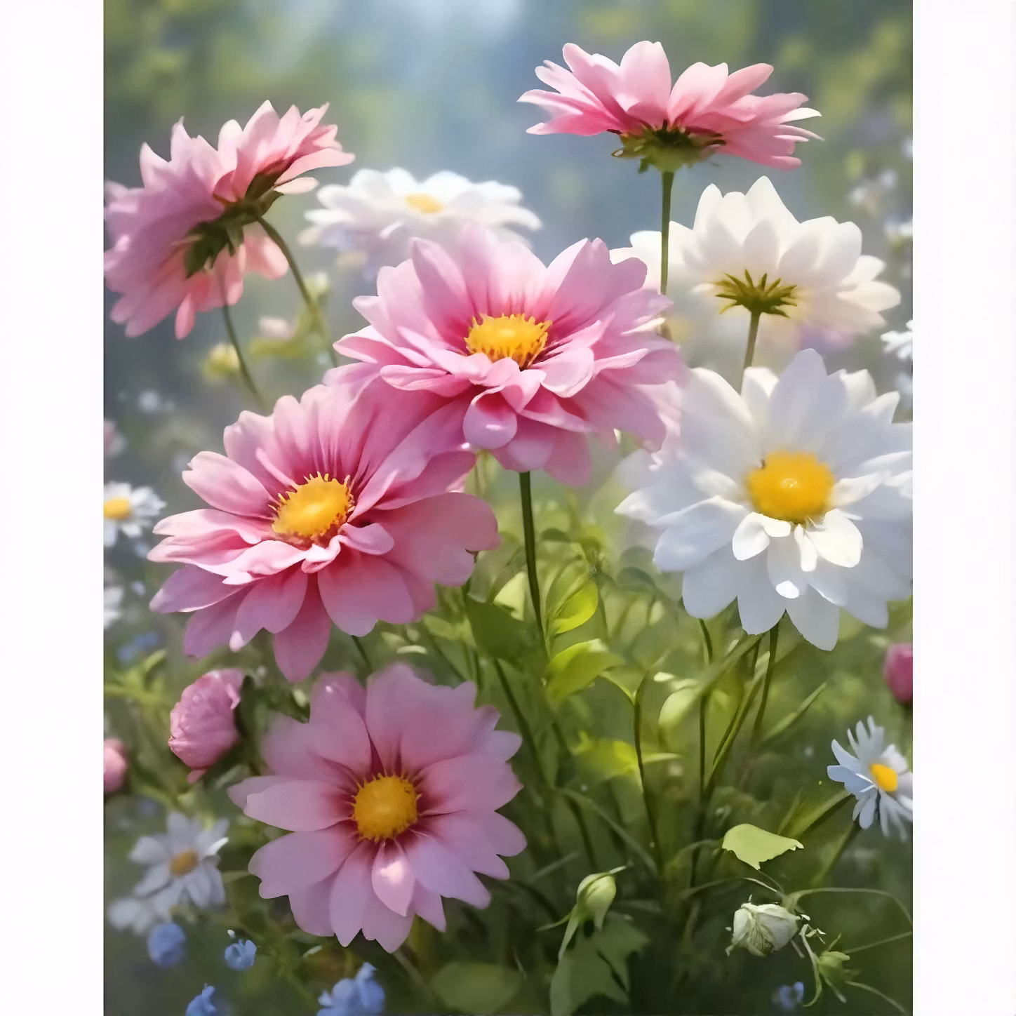 Diamanttavla Rosa Och Vita Blommor 30x40