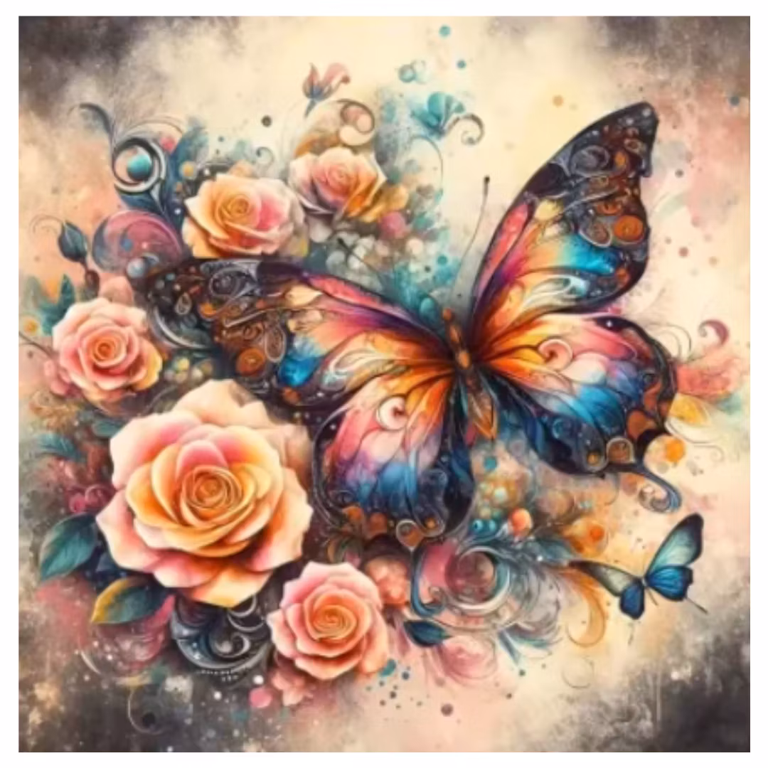 Diamanttavla Butterflies And Roses 40x40