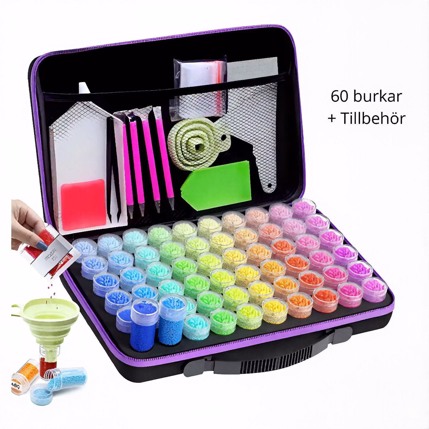 Pärlförvaring Väska Svart/Lila Med 60 Burkar Och tillbehör